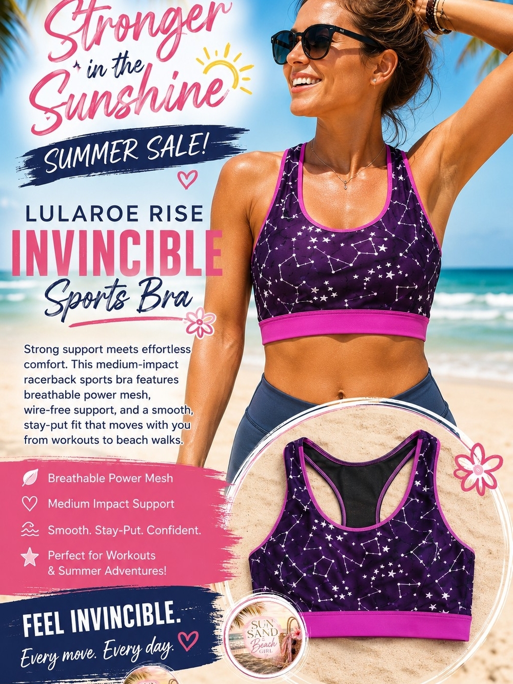 LuLaRoe RISE Invincible NWT Sports Bra - Purple with Pink Band